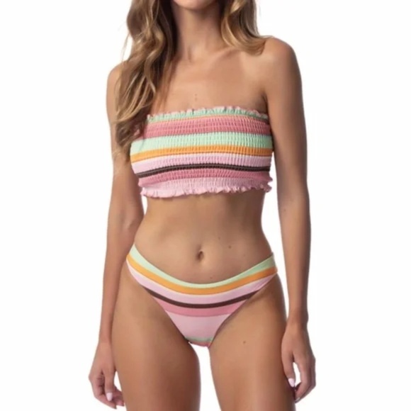 Phax Striped Smocked Strapless Bikini Swimsuit 2Pc Two Piece Set - Picture 2 of 4